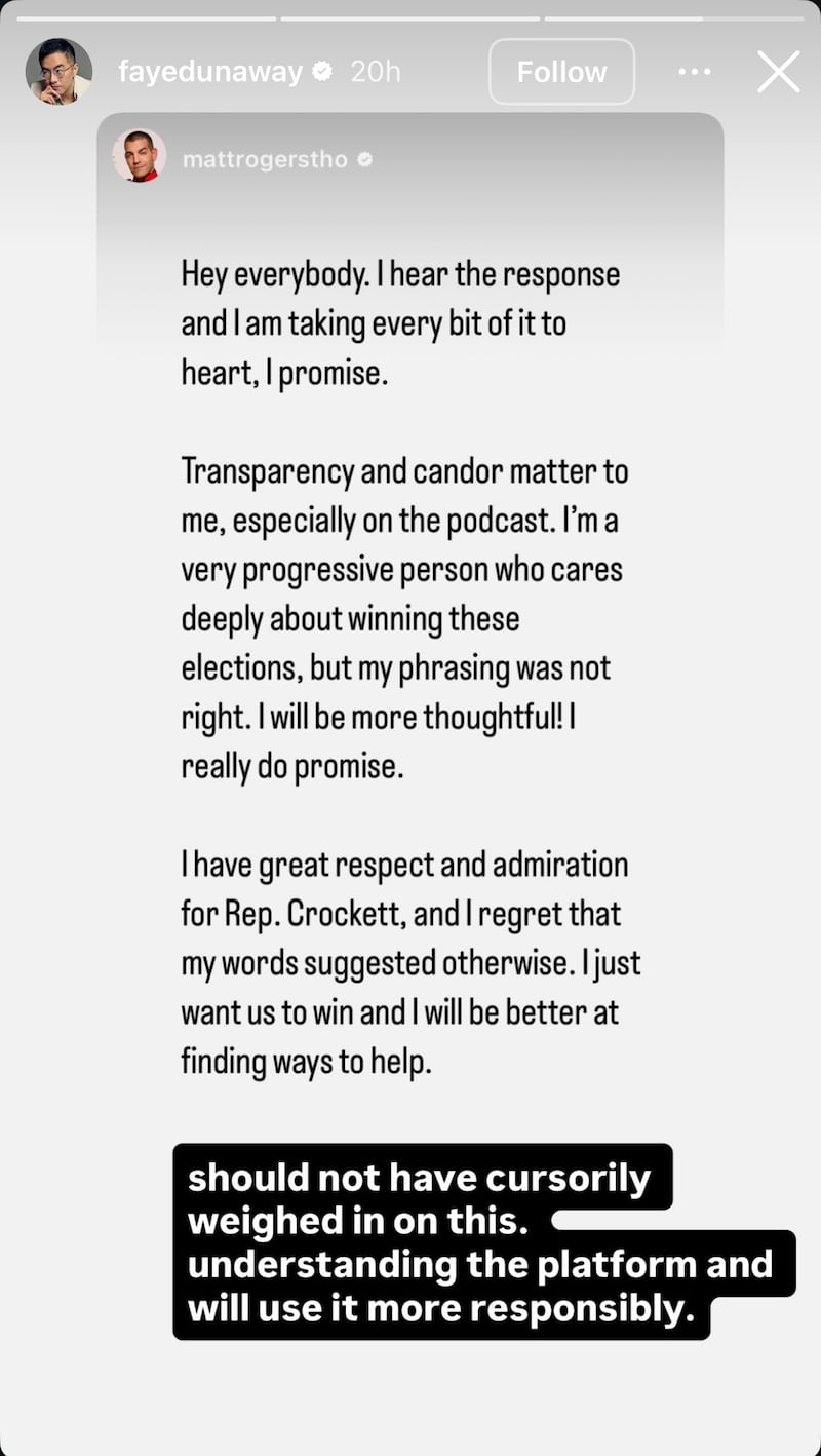 "Las Culturistas" hosts Matt Rogers and Bowen Yang apologize for their comments urging people not to donate to Rep. Jasmine Crockett, who is running for Senate in Texas.