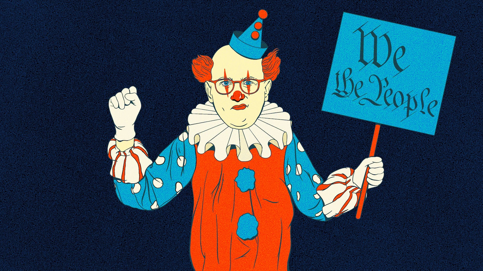 Illustration of a clown holding a protest sign reading "We the People" in red, white, and blue colors