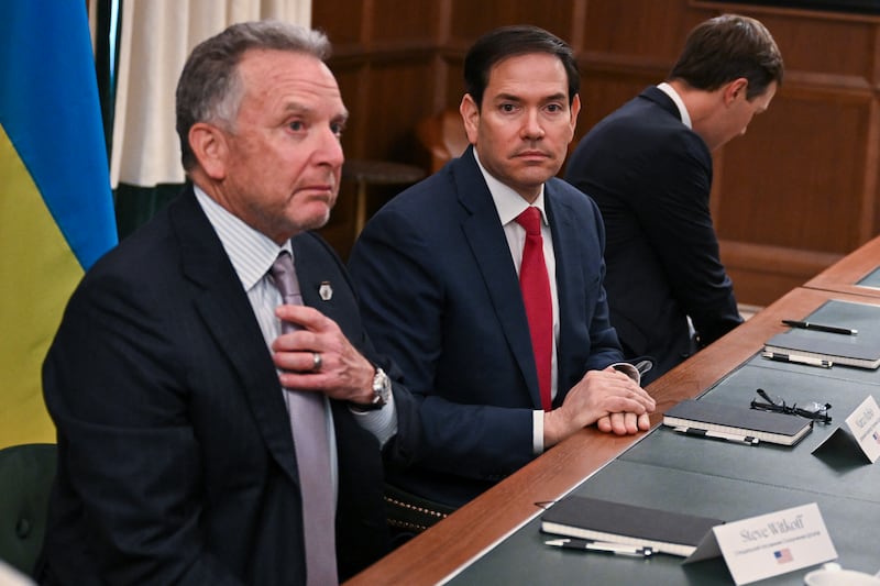 Secretary of State Marco Rubio alongside White House Special Envoy Steve Witkoff (L) attend a meeting with Ukrainian officials headed by Rustem Umerov in Hallandale Beach, Florida on November 30, 2025.
