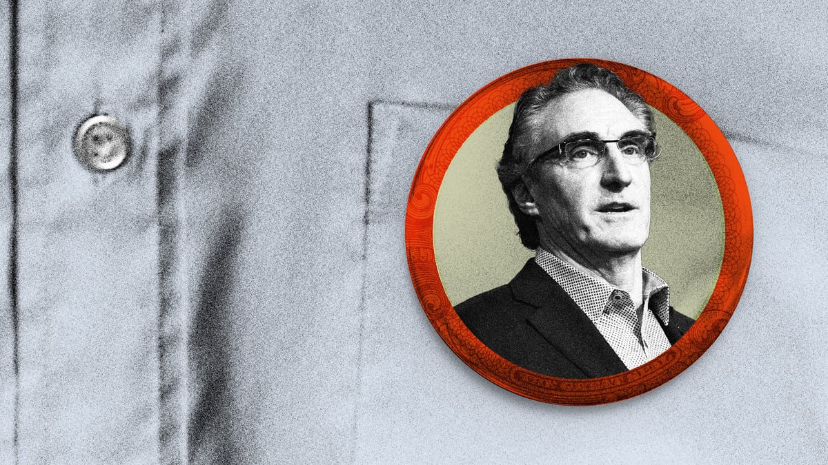 Photo illustration of Governor Doug Burgum (R-ND) on a pin on a blue dress shirt.