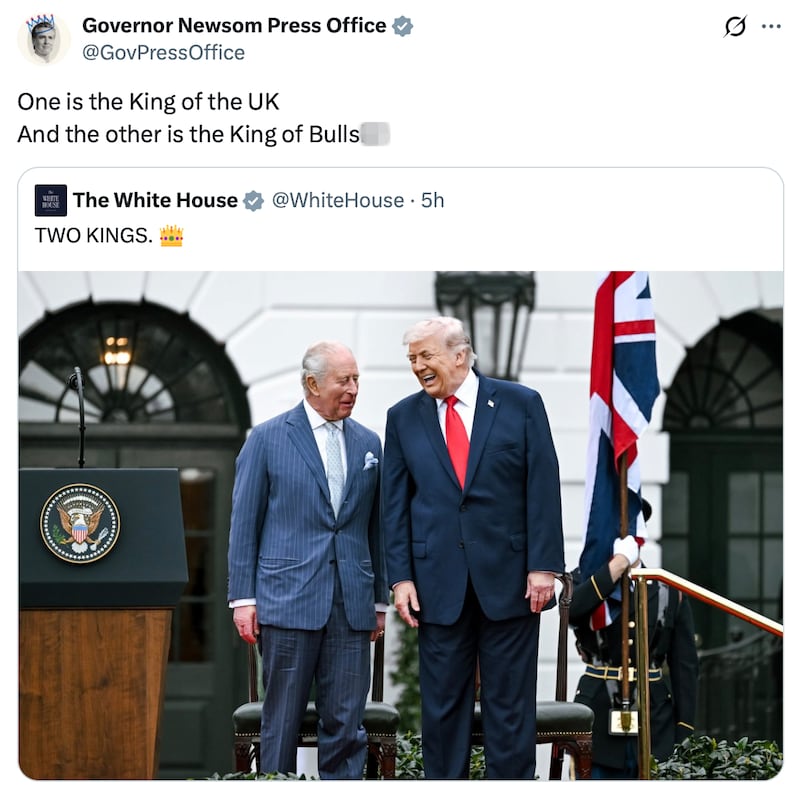 Gavin Newsom tweet about Donald Trump and King Charles.