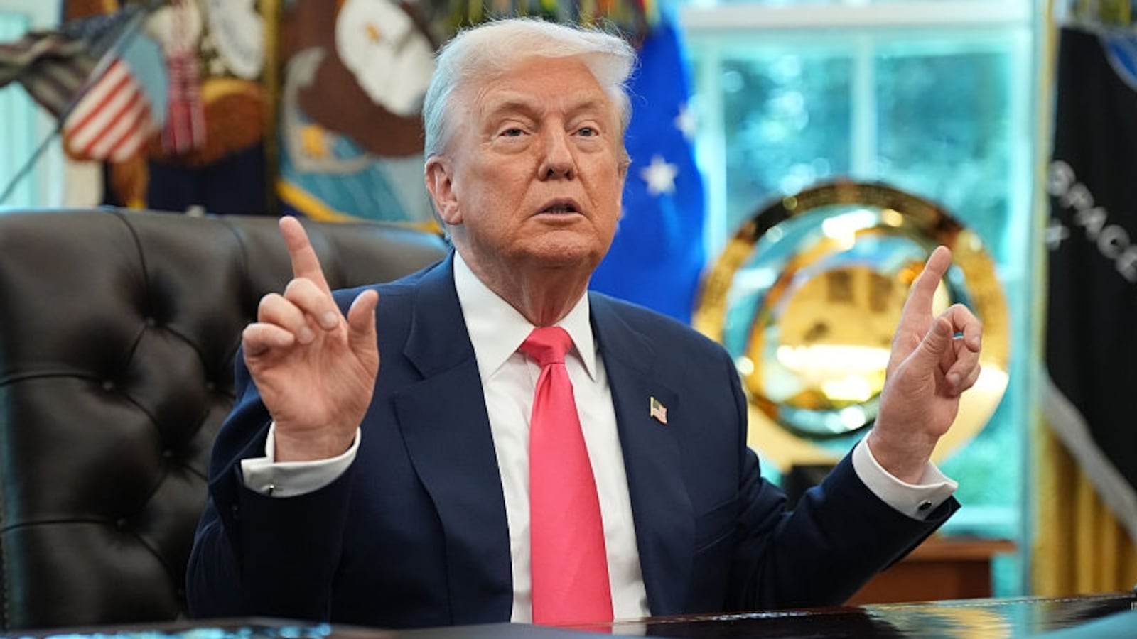 WASHINGTON, DC - AUGUST 14: U.S. President Donald Trump answers questions from reporters in the Oval Office on August 14, 2025 in Washington, DC. Trump signed a proclamation on the 90th anniversary of Social Security to highlight his administration's efforts on the program. (Photo by Andrew Harnik/Getty Images)