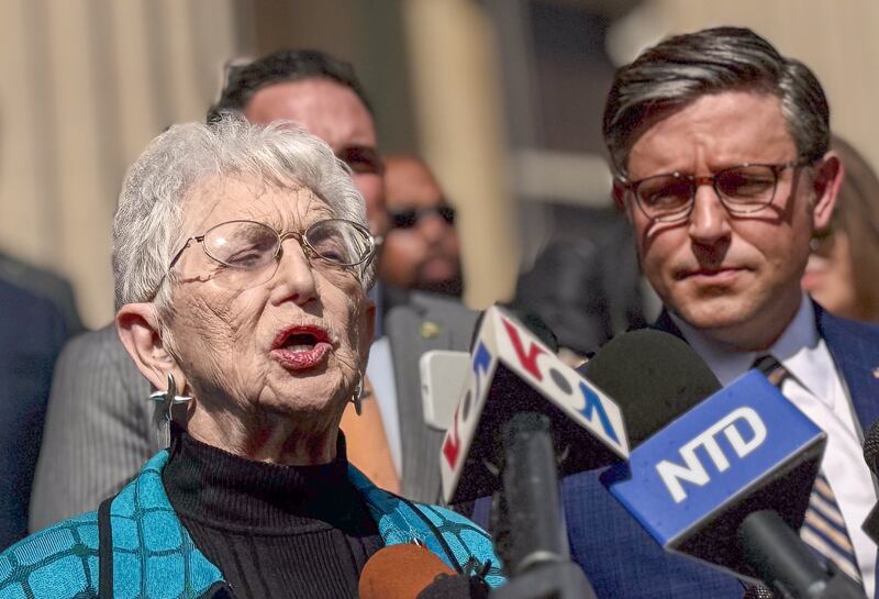 NEW YORK, UNITED STATES - APRIL 24: Speaker of the US House of Representatives, Mike Johnson (R) and US Representative Virginia Foxx (L) visit Columbia University where student have Gaza Solidarity Encampment for a news conference as he calls on Columbia University president Minouche Shafik to resign, in New York, United States on April 24, 2024. US House Speaker Mike Johnson faced boos and loud chants from protesting students as he delivered a speech during his visit to Columbia University on Wednesday. (Photo by Selcuk Acar/Anadolu via Getty Images)