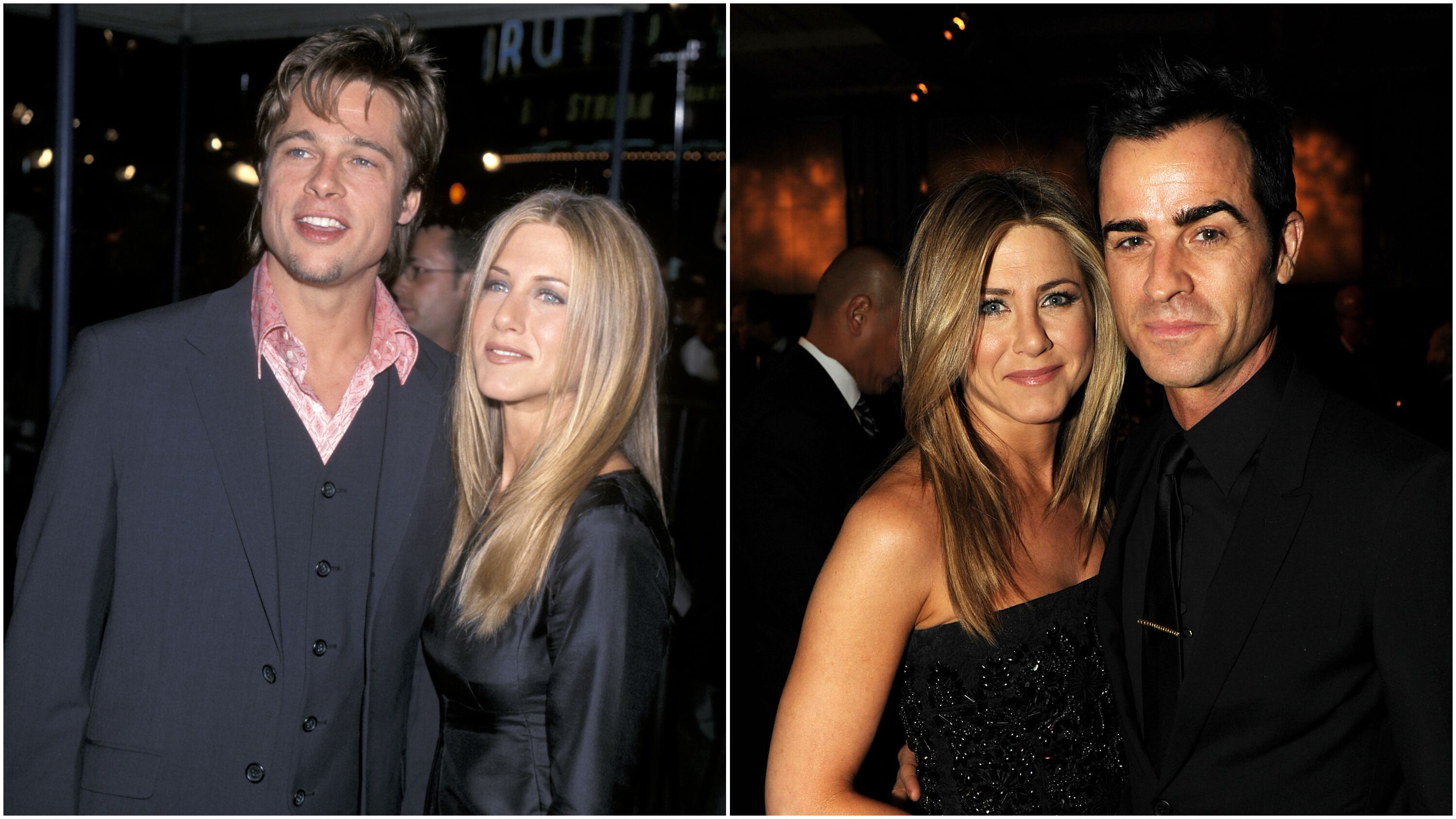 Actress Jennifer Aniston with Brad Pitt in 1999; on right, Aniston with Justin Theroux in 2012.