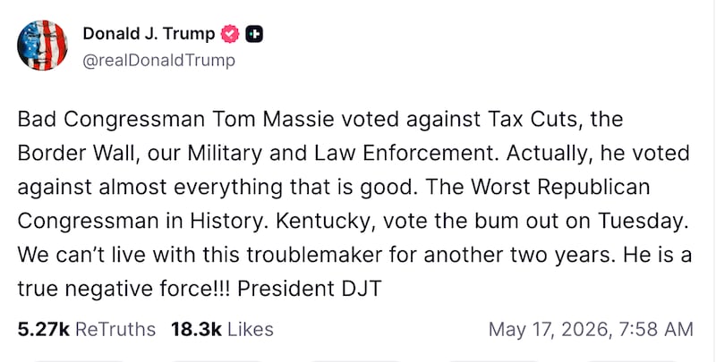 Trump unloads on Thomas Massie ahead of primary vote.