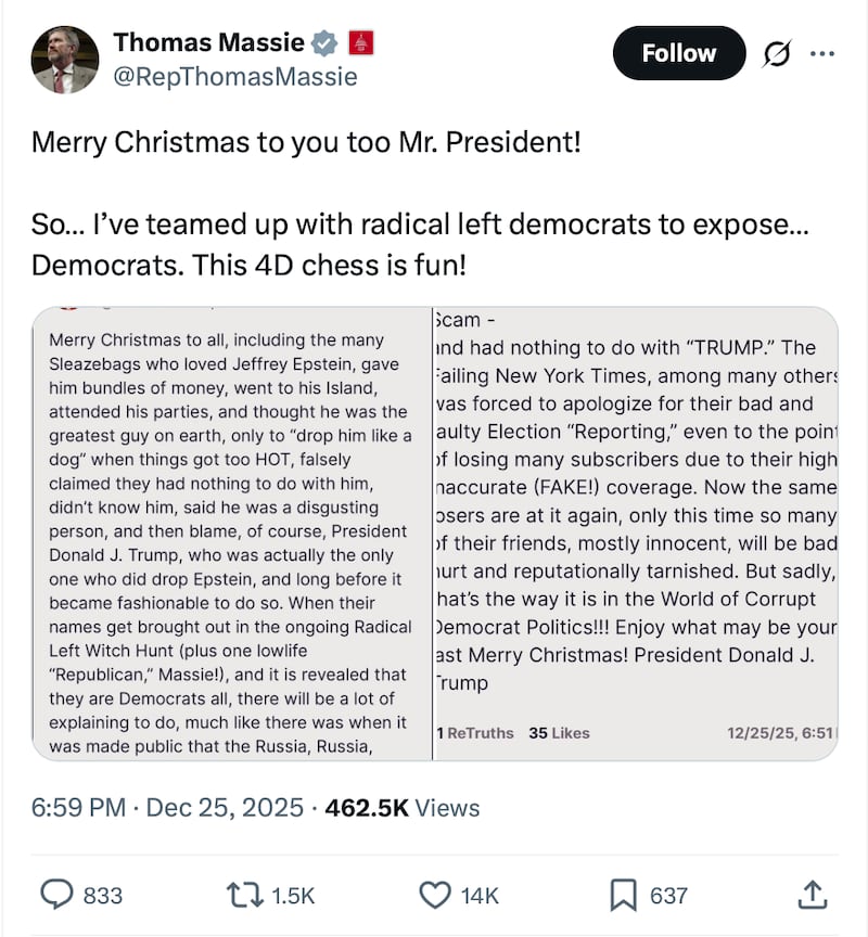 Massie, who helped lead the House effort to force the DOJ to release its Epstein Files, mocked the president's logic.
