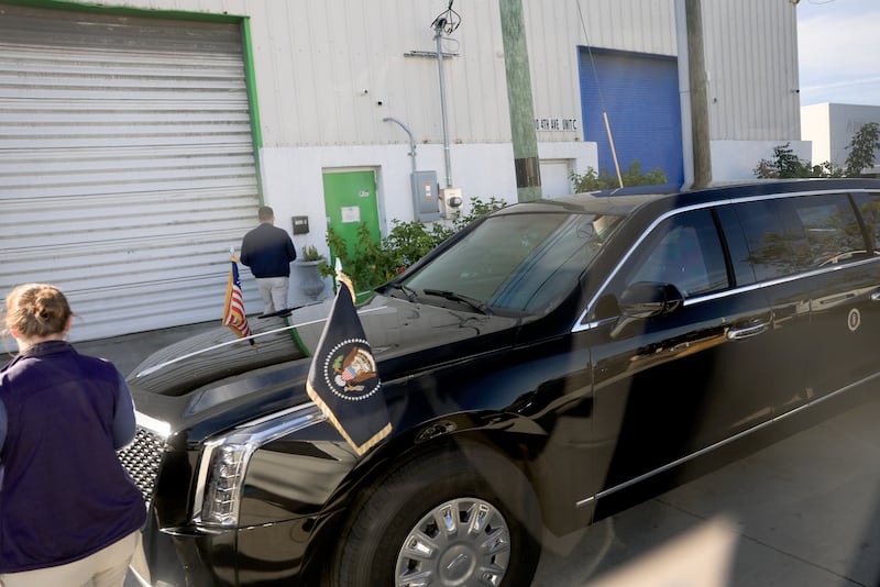 "The Beast," parks in front of the Arc Stone & Tile store