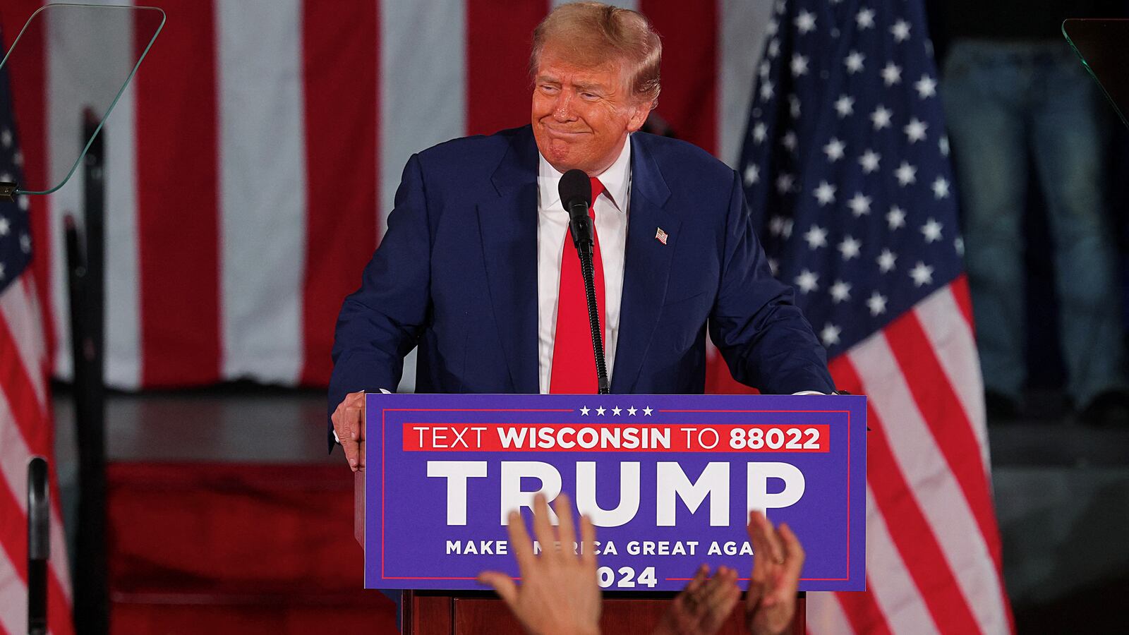 Republican presidential candidate and former U.S. President Donald Trump attends a campaign event in Waukesha, Wisconsin, U.S. May 1, 2024.