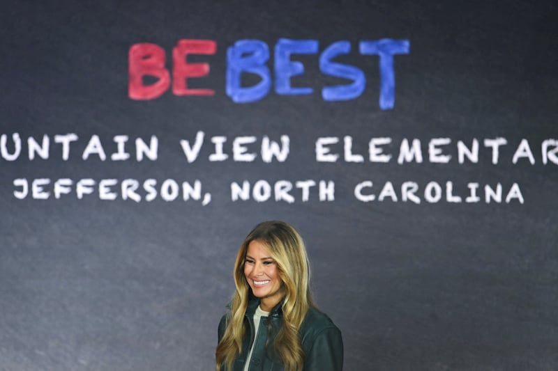 U.S. First Lady Melania Trump speaks to students at Mountain View Elementary School in Jefferson, North Carolina, U.S., on September 15, 2026.     KENT NISHIMURA/Pool via REUTERS