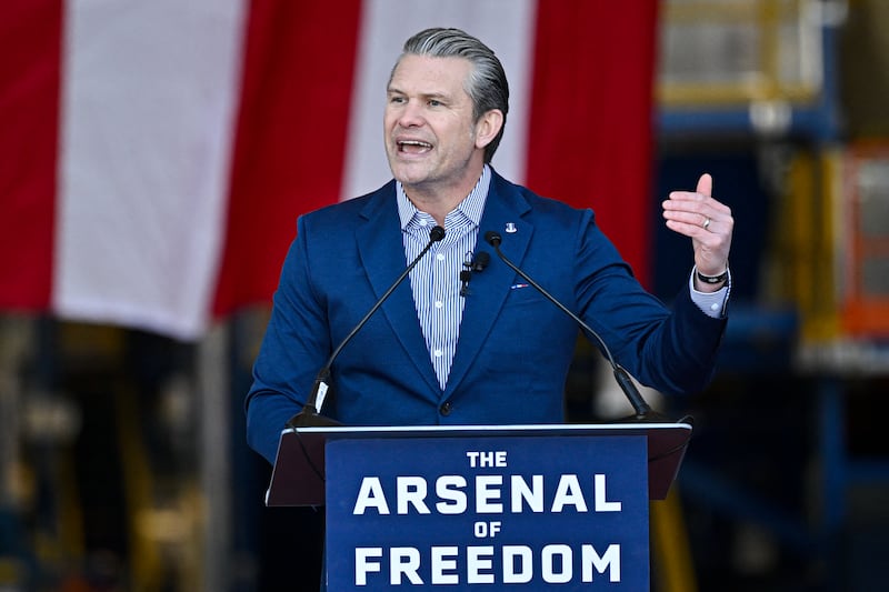 Defense Secretary Pete Hegseth speaks at Blue Origin in Cape Canaveral, Florida, on February 2, 2026.