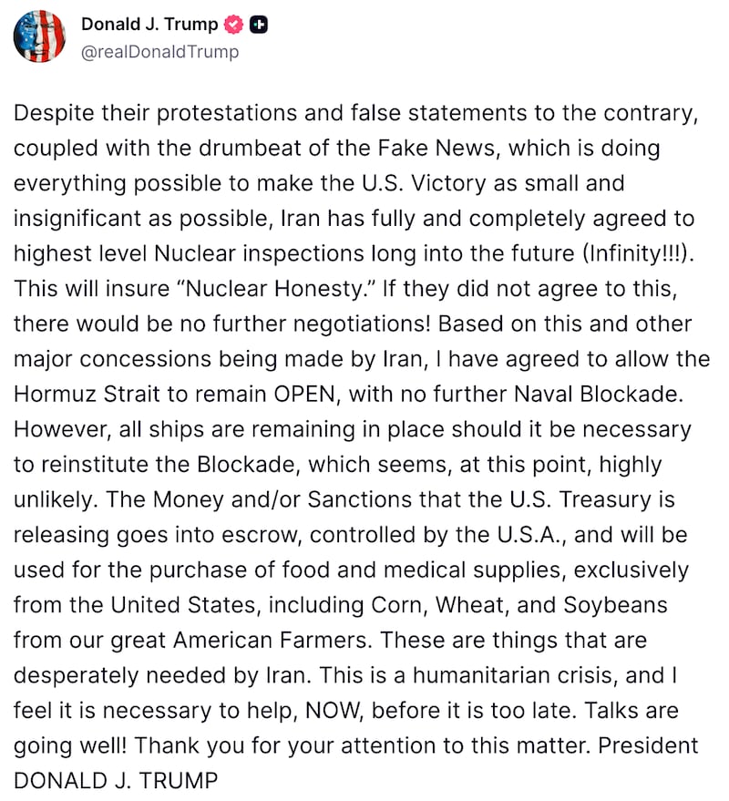 Screengrab of Trump's Truth Social post.