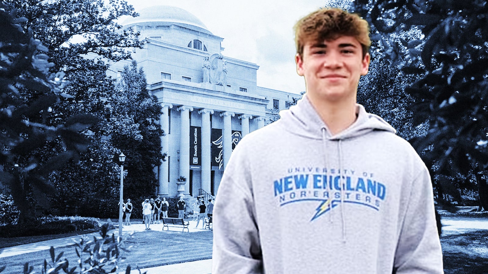 A photo illustration showing Nicholas Donofrio staring forward with the University of South Carolina in the background.
