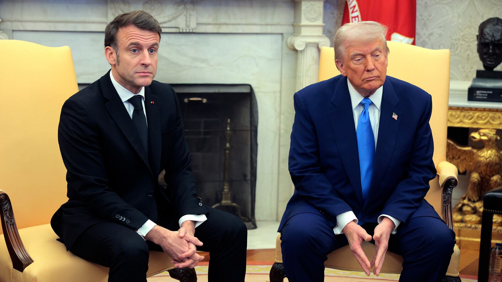 President Donald Trump meets with President Emmanuel Macron in the Oval Office at the White House on February 24, 2025.