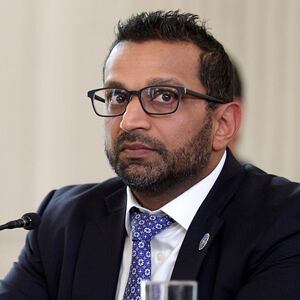 Director of the Federal Bureau of Investigation (FBI) Kash Patel listens as U.S. President Donald Trump delivers an announcement on his Homeland Security Task Force in the State Dining Room of the White House on October 23, 2025 in Washington, DC.