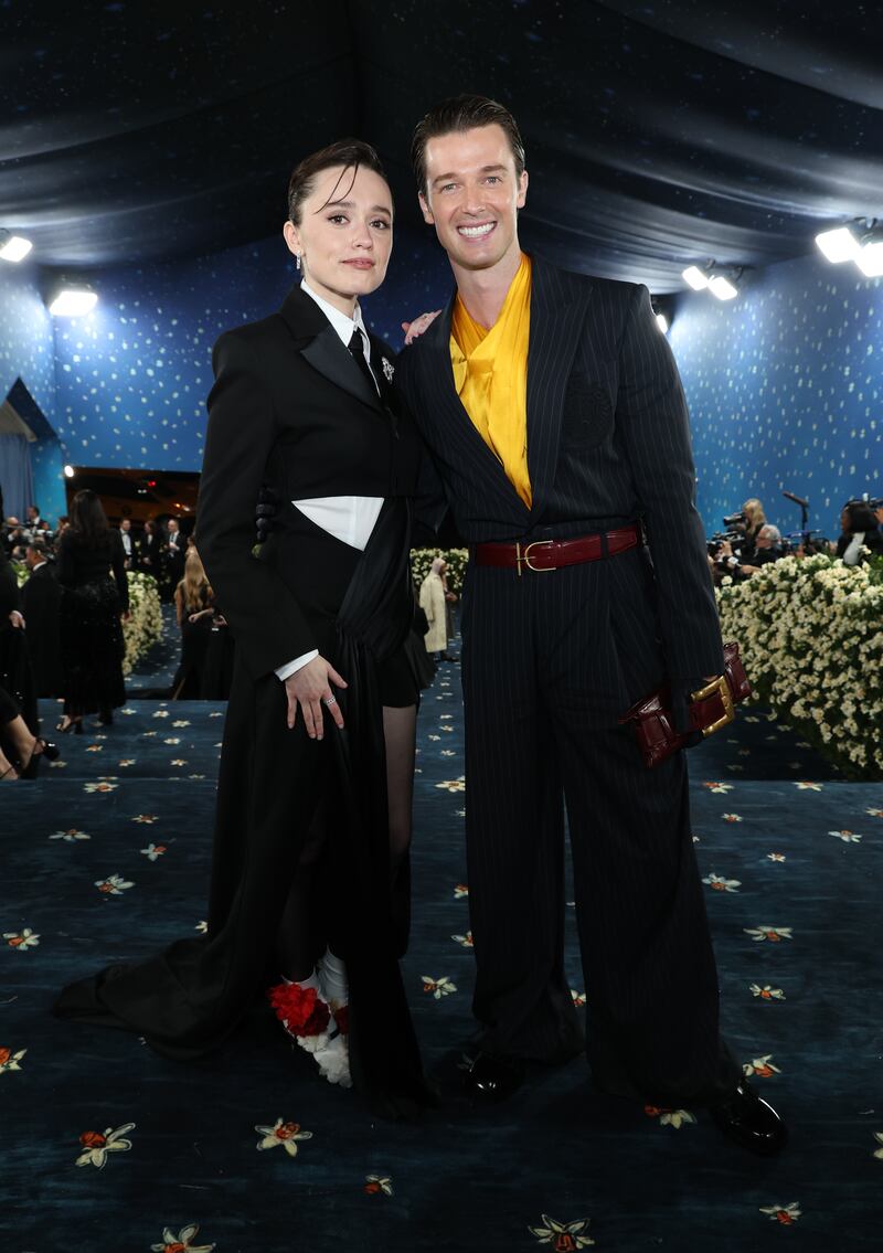 NEW YORK, NEW YORK - MAY 05: (L-R) Aimee Lou Wood and Patrick Schwarzenegger attend the 2025 Met Gala Celebrating "Superfine: Tailoring Black Style" at Metropolitan Museum of Art on May 05, 2025 in New York City.