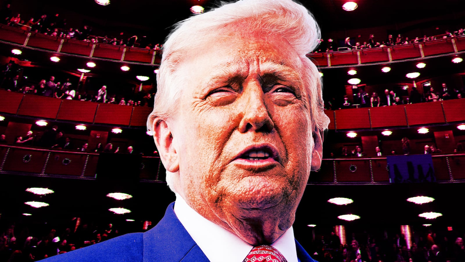 Donald Trump illustration and Kennedy Center.