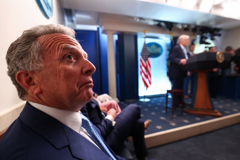 U.S. Special Envoy Steve Witkoff listens to President Donald Trump speak during a press conference in the James S. Brady Press Briefing Room at the White House in Washington, D.C., U.S., April 6, 2026.