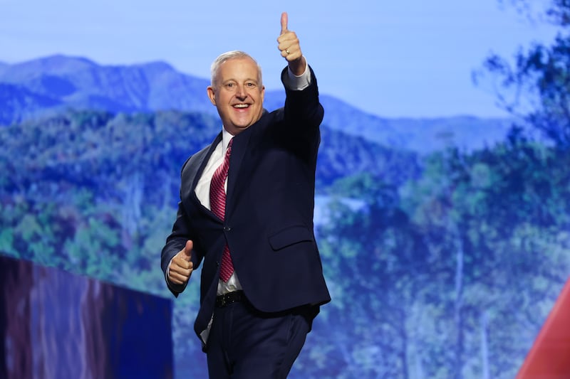DALLAS, TEXAS - SEPTEMBER 09: North Carolina Republican Senate candidate, former RNC Chairman Michael Whatley gestures as he walks on stage on the first day of the 2026 Republican National Convention at the American Airlines Center on September 09, 2026 in Dallas, Texas. U.S. President Donald Trump will headline the Republican National Committee's first-ever midterm convention as he aims to highlight his administration’s achievements and rally support for GOP candidates just two months before the upcoming elections being held on November 3. (Photo by Kevin Dietsch/Getty Images)