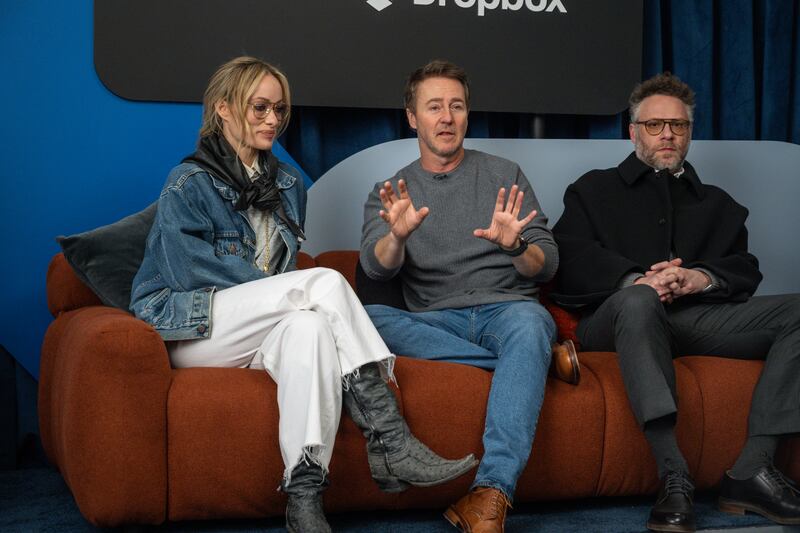 Olivia Wilde, Edward Norton and Seth Rogen at IndieWire Studio Presented by Dropbox at Sundance on January 25, 2026 in Park City, Utah. (Photo by Clayton Chase/IndieWire via Getty Images)