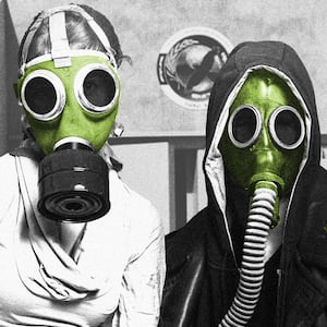 Illo illustration of a man and woman in a gas mask in front of a survival shelter