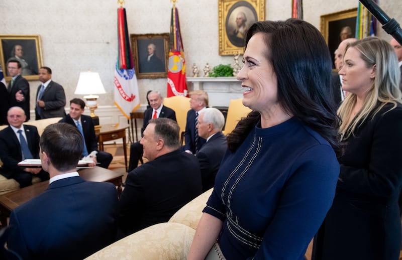 White House Press Secretary Stephanie Grisham attends a meeting between US President Donald Trump and Israeli Prime Minister Benjamin Netanyahu in the Oval Office of the White House in Washington, DC, January 27, 2020. (Photo by SAUL LOEB / AFP) (Photo by SAUL LOEB/AFP via Getty Images)
