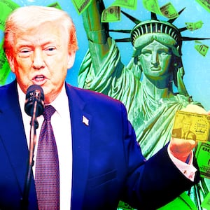 A photo illustration of Donald Trump holding a "Trump Gold Card" in front of the Statue of Liberty with money flying around.
