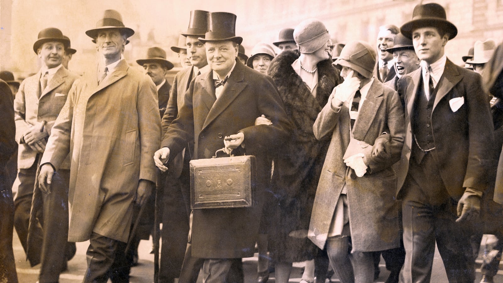 Winston Churchill, Chancellor of the Exchequer, carries the dispatch box on his way to the House of Commons, in London, to present the budget on April 29, 1929.