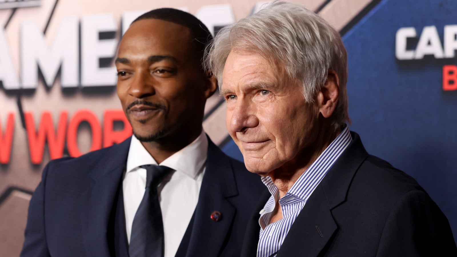 (L-R) Anthony Mackie and Harrison Ford attend the Captain America: Brave New World World Premiere at TCL Chinese Theater in Hollywood, California on February 11, 2025.