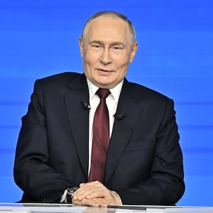 MOSCOW, RUSSIA - DECEMBER 19: Russia's President Vladimir Putin attends annual special televised question-and-answer session and year-end news conference scheduled to take place at the Gostiny Dvor in Moscow, Russia, on December 19, 2025. (Photo by Sefa Karacan/Anadolu via Getty Images)