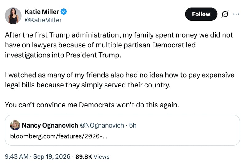 Katie Miller hints at wanting a blanket pardon from Donald Trump.