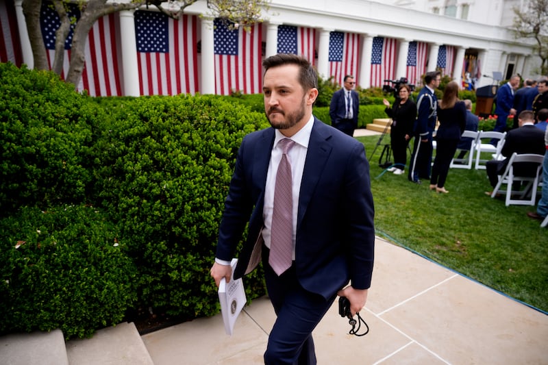 WASHINGTON, DC - APRIL 02: White House Deputy Chief of Staff Taylor Budowich arrives for a "Make America Wealthy Again" trade announcement event in the Rose Garden at the White House on April 2, 2025 in Washington, DC. Touting the event as "Liberation Day", Trump announced sweeping new tariffs targeting goods imported to the U.S. on countries including China, Japan and India. (Photo by Andrew Harnik/Getty Images)