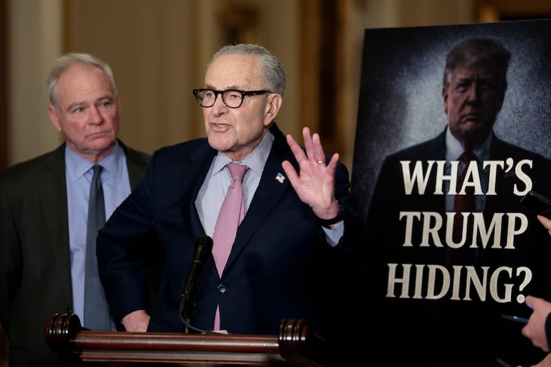 Senate Minority Leader Charles Schumer (D-NY) speaks to reporters following a Senate Democratic policy luncheon at the U.S. Capitol on December 16, 2025 in Washington, DC.