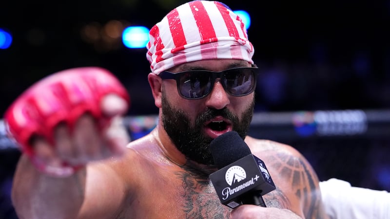 Josh Hokit speaks to Joe Rogan following his win in a heavyweight fight during the UFC Freedom 250 event on the South Lawn at the White House on June 14, 2026 in Washington, DC.