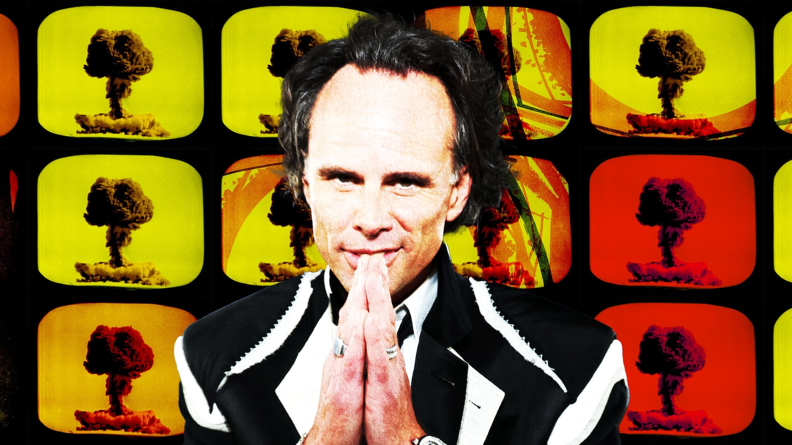 Walton Goggins in front of images of nuclear explosions