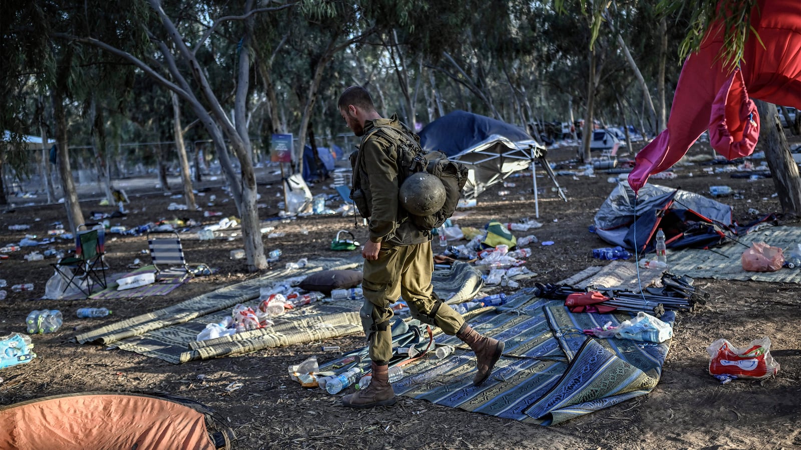 An Israeli soldier patrols near Kibbutz Beeri in southern Israel.
