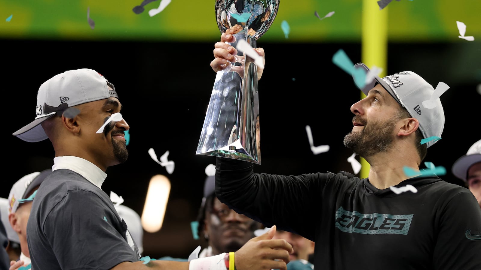 Head coach Nick Sirianni of the Philadelphia Eagles celebrates with the Vince Lombardi Trophy after beating the Kansas City Chiefs 40-22 to win Super Bowl LIX at Caesars Superdome on February 09, 2025 in New Orleans, Louisiana.