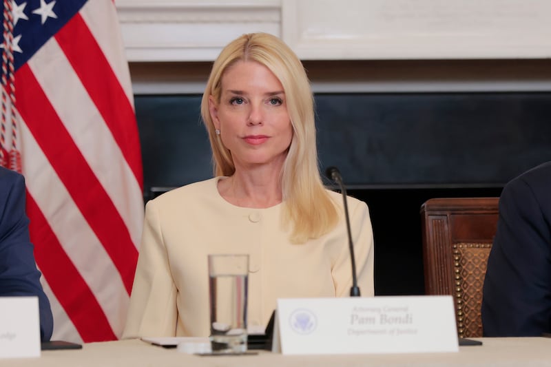 WASHINGTON, DC - JUNE 05: Attorney General Pam Bondi speaks at a roundtable in the State Dining Room at the White House on June 05, 2025 in Washington, DC. U.S. President Donald Trump held the roundtable for members of the Fraternal Order of Police. (Photo by Anna Moneymaker/Getty Images)