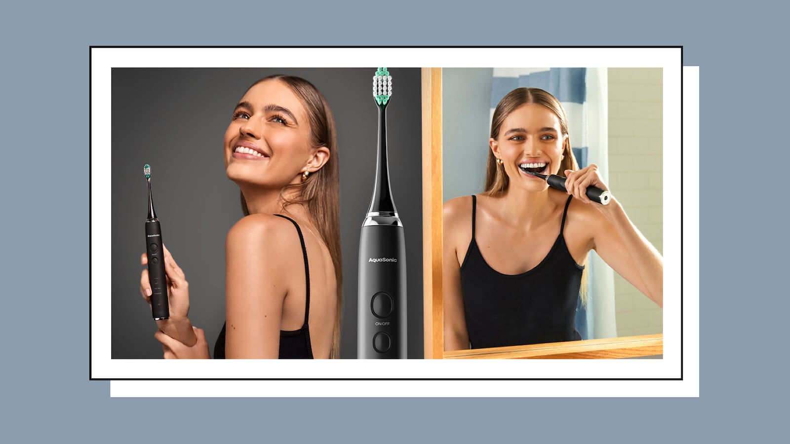 A split screen image, separated by an AquaSonic toothbrush. On the left, a woman in a black tank top smiles and holds her toothbrush up for the camera. On the right, the same woman brushes her teeth in a mirror with an AquaSonic electric toothbrush.