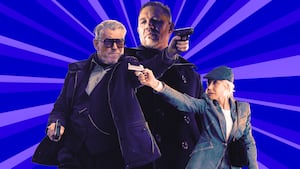 A photo illustration of Pierce Brosnan, Tom Hardy, and Helen Mirren in MobLand.