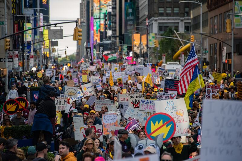 Over one hundred thousand people marched in Manhattan on October 18, 2025, for the No Kings protest. Peaceful demonstrations take place across the country as millions advocate against the policies of the Trump Administration. No arrests are made in New York City.