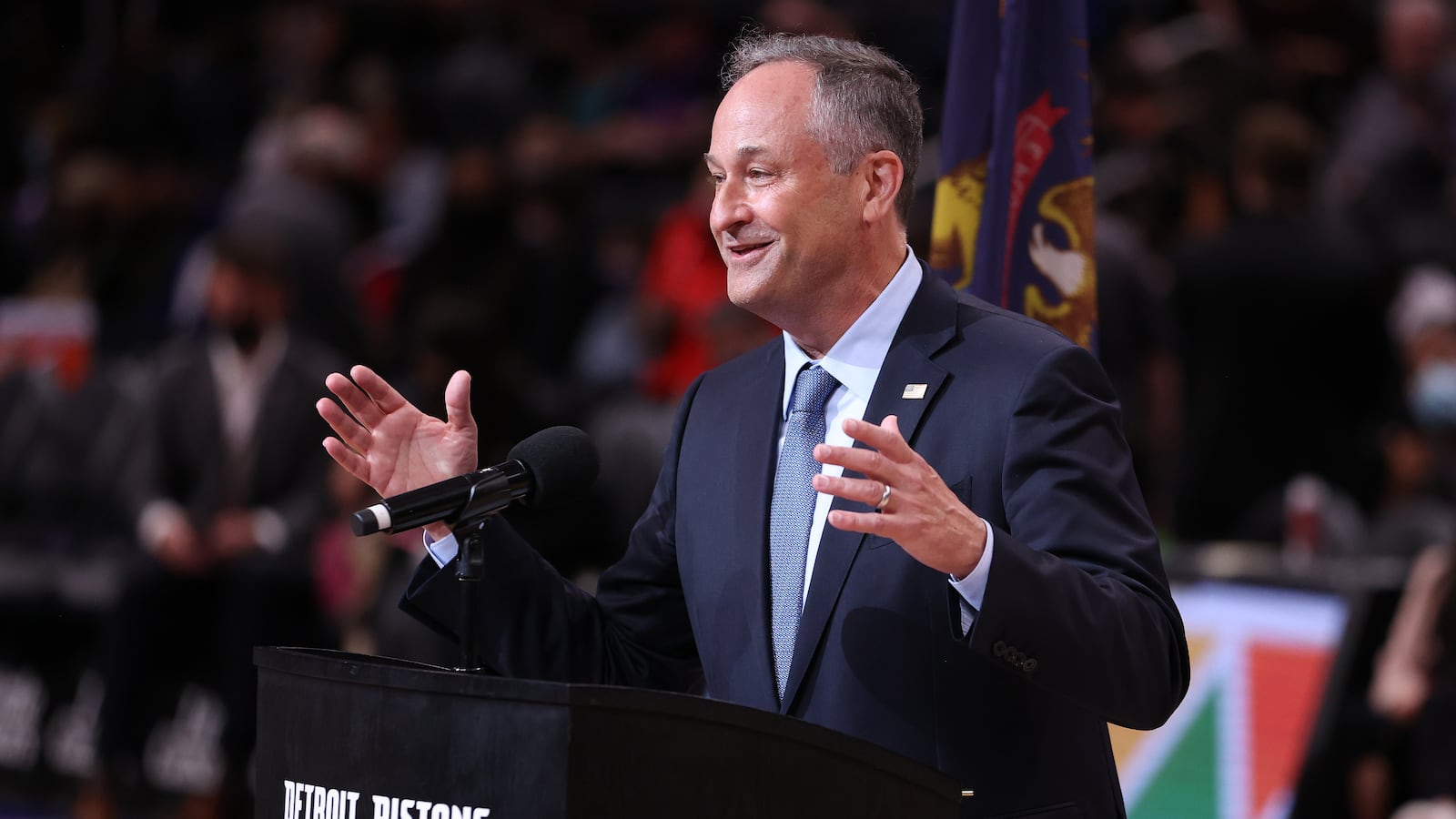 Doug Emhoff speaks at podium