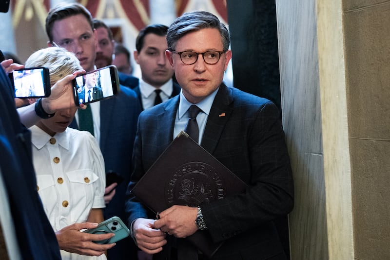 Speaker of the House Mike Johnson talks with reporters after House votes in the U.S. Capitol on Tuesday, September 1, 2026.