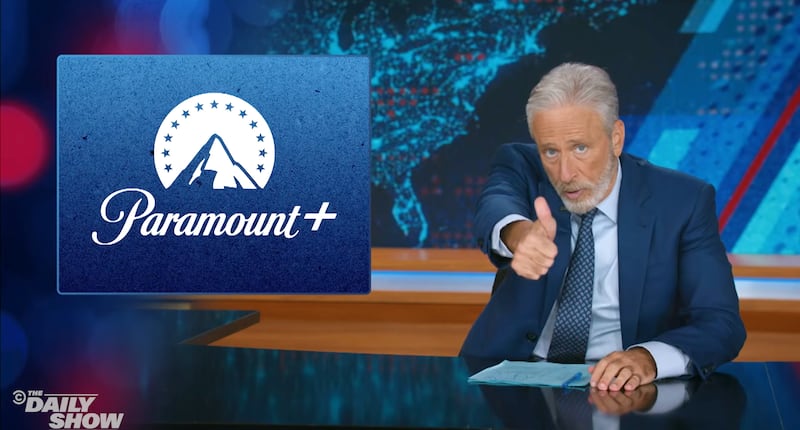 The Daily Show, Jon Stewart giving a scared thumbs up to his parent company Paramount