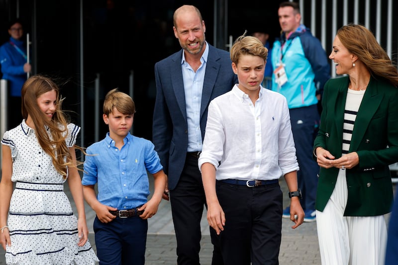 Prince William, Prince of Wales, Duke of Rothsay and Catherine, Princess of Wales, Duchess of Rothsay with Prince George, Princess Charlotte and Prince Louis arrive for the Glasgow 2026 Commonwealth Games at The Hydro on Aug. 1, 2026, in Glasgow, Scotland. (Photo by Jeff J Mitchell/Getty Images)