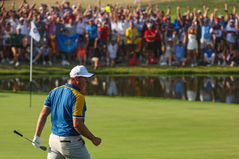 ROME, ITALY - OCTOBER 01: Sepp Straka of Team Europe celebrates on the 16th green during the Sunday singles matches of the 2023 Ryder Cup at Marco Simone Golf Club on October 01, 2023 in Rome, Italy. (Photo by Patrick Smith/Getty Images)