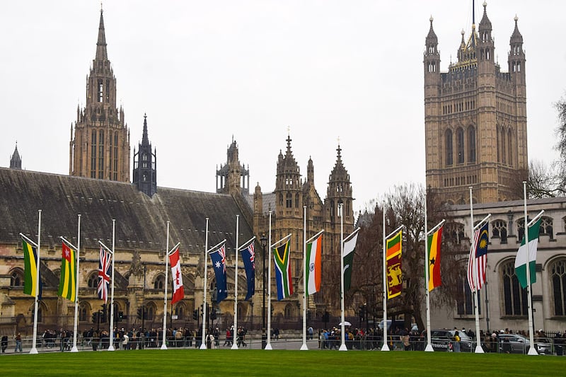 LONDON, UNITED KINGDOM - 2026/03/06: Flags of Commonwealth nations have been installed in Parliament Square ahead of Commonwealth Day, taking place on 9th March. (Photo by Vuk Valcic/SOPA Images/LightRocket via Getty Images)