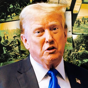 A photo illo illustration of Donald Trump and photos from the Vietnam War.