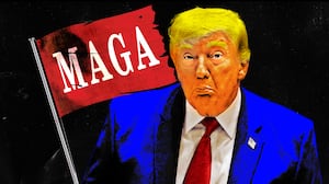 A photo illustration of Donald Trump in front of a torn MAGA flag.