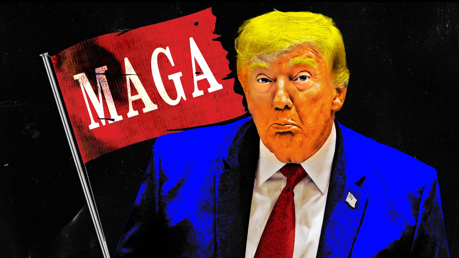 A photo illustration of Donald Trump in front of a torn MAGA flag.