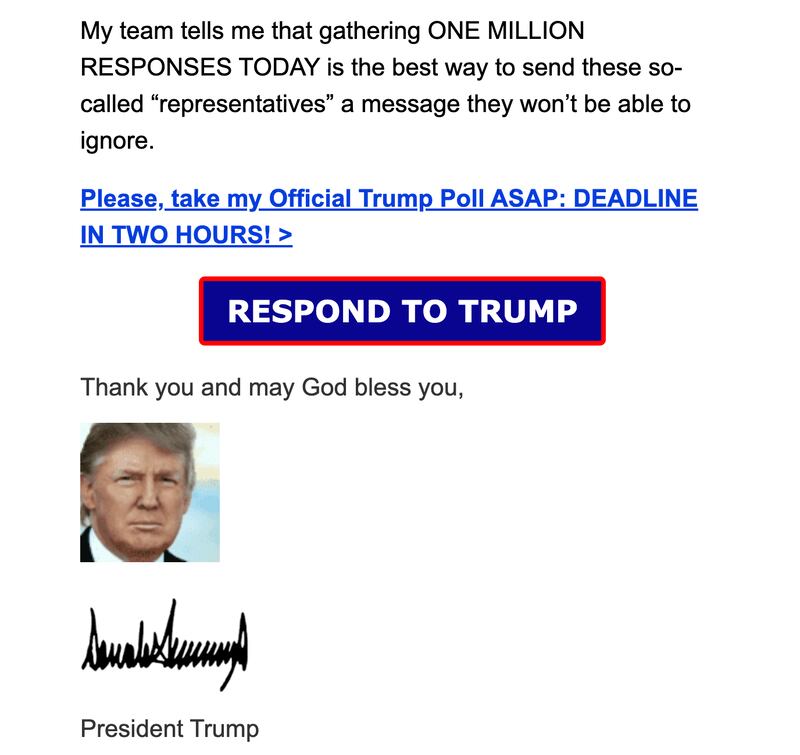 Trump fundraising email.